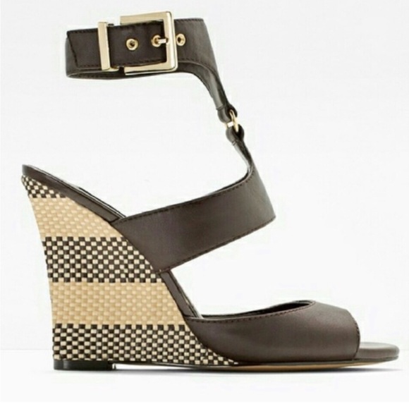 White House Black Market Shoes - WHBM Alianna brown leather woven wedge sandals